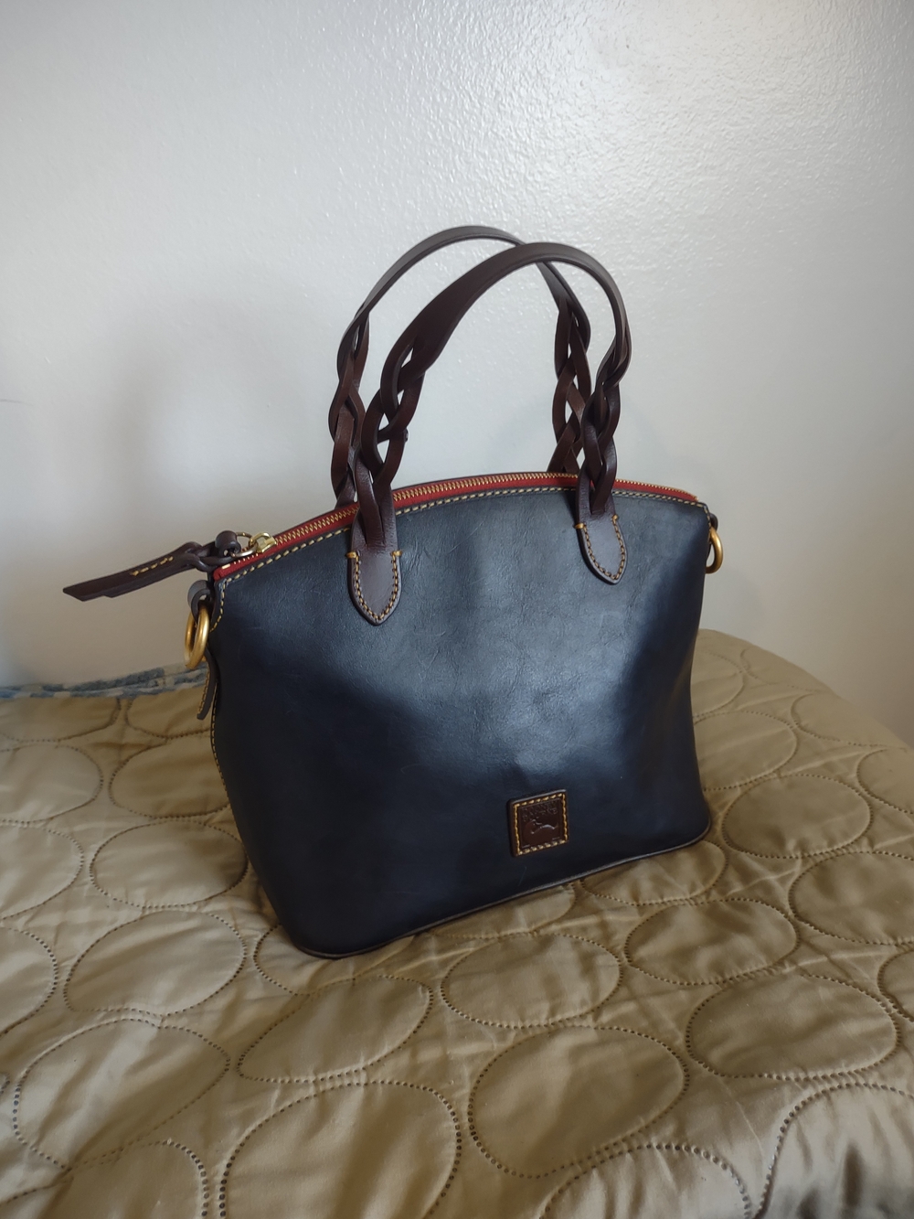 Dooney & Bourke Small Heidi Satchel Navy Leather Braided Handle Zip Tote - Picture 7 of 8